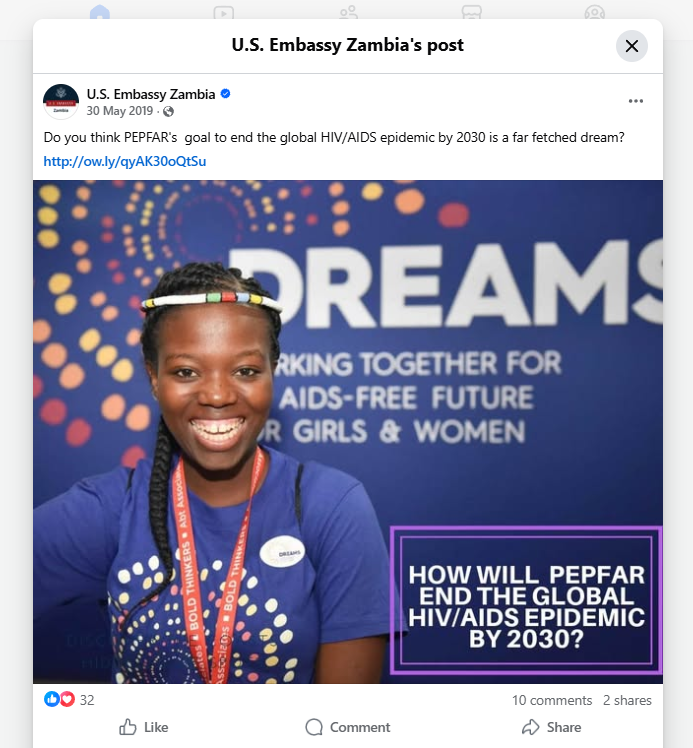 U.S. Embassy Zambia social post sharing the DREAMS 'AIDS-free future' campaign image